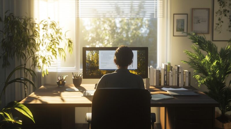 A modern workspace filled with natural light and greenery, with a person at a desk studying material on a desktop monitor, symbolizing ongoing learning and development